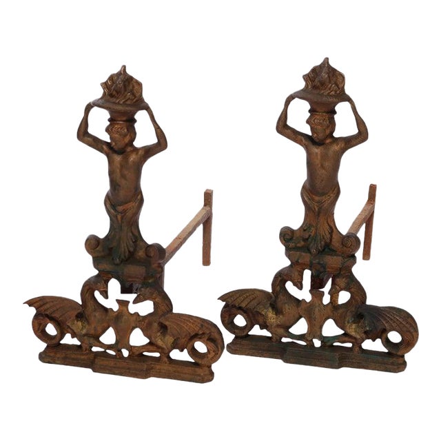 Antique Neoclassical Figural Cast & Wrought Iron Fireplace Andirons, Circa 1900 For Sale