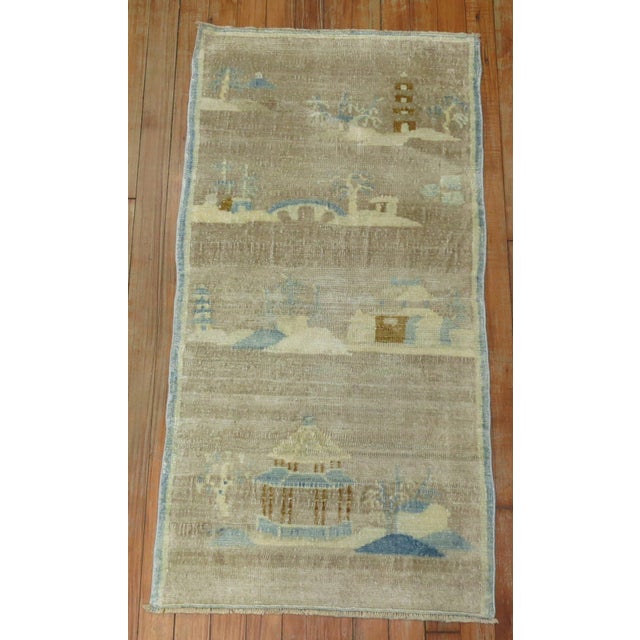 Pictorial Silver Brown Baby Blue Chinese Art Deco Mat Size Rug - 1'10" x 3'7" For Sale In New York - Image 6 of 6