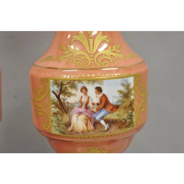Antique French Victorian Paris Porcelain Coral Figural Painted Table Lamps, Pair For Sale In Philadelphia - Image 6 of 14