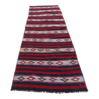 1960s Cabin Style Hand Knotted Stripe Design Red Oushak Kilim Runner Rug For Sale