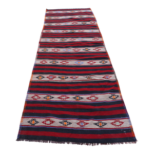 1960s Cabin Style Hand Knotted Stripe Design Red Oushak Kilim Runner Rug