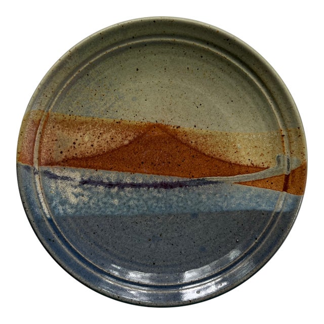 Handmade Blue and Orange Pottery Wall Plate For Sale