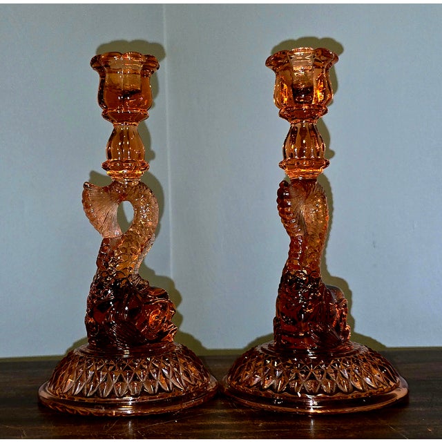 1930s Pink Depression Glass Dolphin Candlesticks – l.e. Smith, 1930s – Pair For Sale - Image 5 of 10