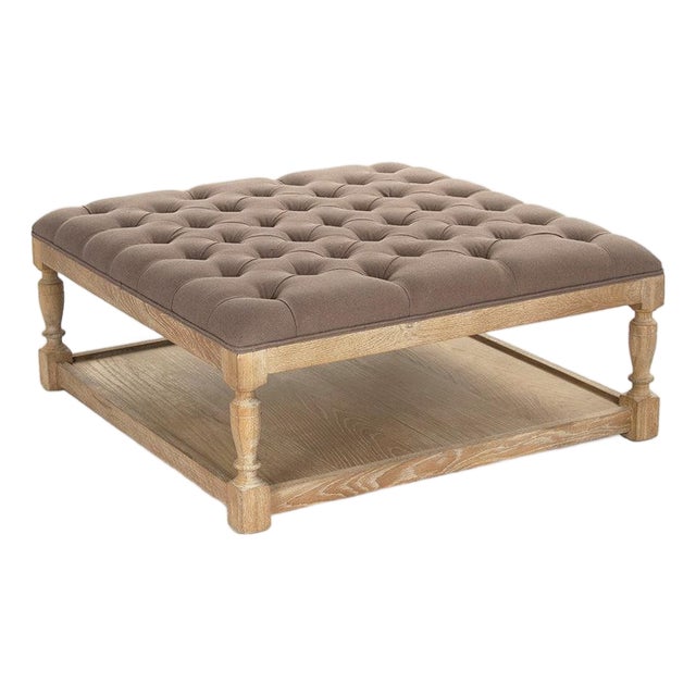 Patrice Tufted Square Ottoman - Eggplant Brown Linen / Weathered Gray Frame For Sale