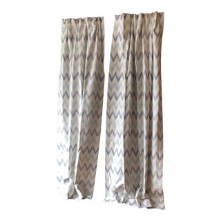 Chevron Printed Drapes Hand Printed Fabric on Linen For Sale