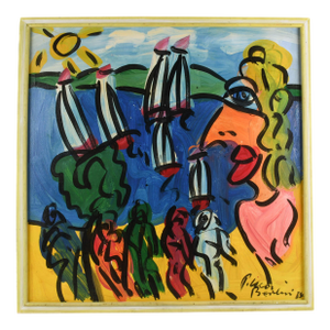 1980s Framed Peter Keil Original Oil on Canvas - Lady With Boats