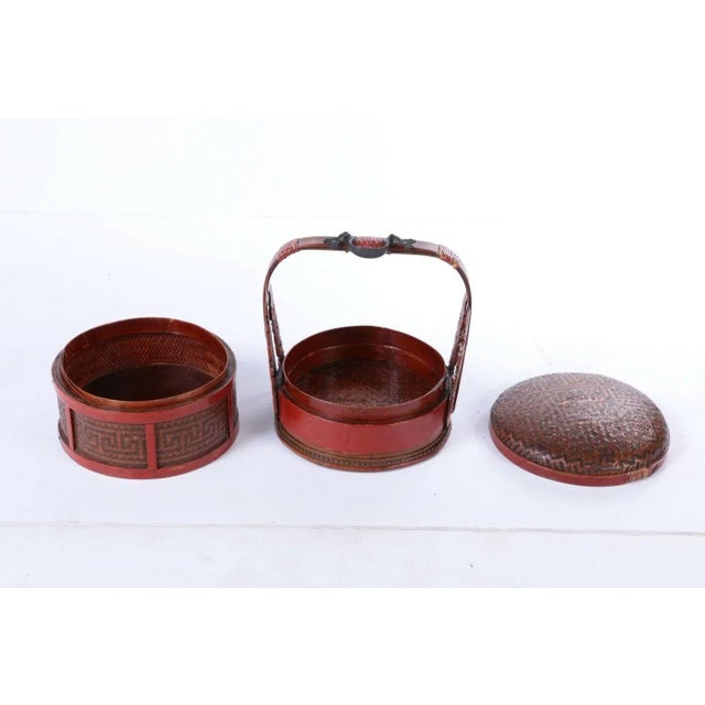 Antique Hand-Made Red Lacquer Chinese Covered Wedding Basket For Sale In New York - Image 6 of 10