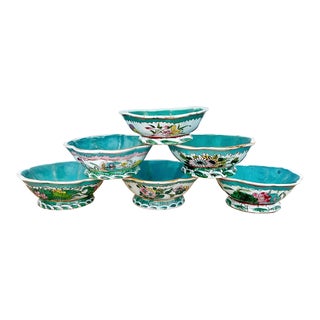 Vintage Chinoiserie Turquoise Blue Footed Bowls - Set of 6 For Sale