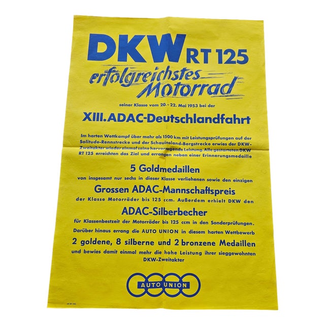DKW RT 125 Motorcycle ADAC Germany Tour Poster, 1953 For Sale