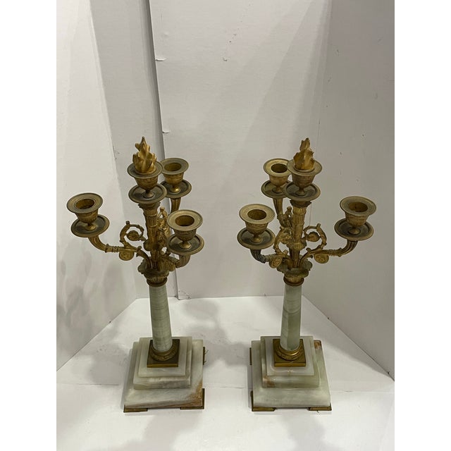 Metal 19c Pair French Neoclassical Dore Bronze & Marble Candelabras For Sale - Image 7 of 12
