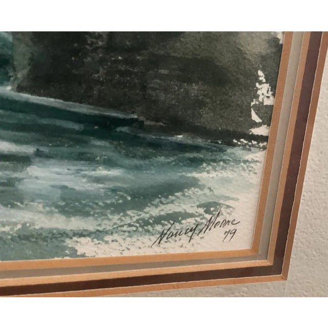 Mid-Century Modern Vintage Nancy Moore Mfa Original Coastal Seascape Watercolor Painting – Signed 1979 For Sale - Image 3 of 6