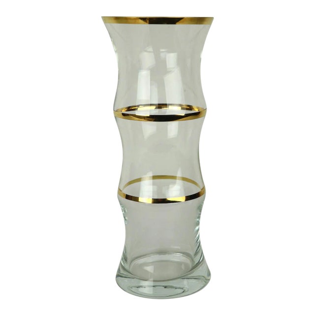 1960s Chic Faux Bamboo Glass Vase With Gold Trim For Sale