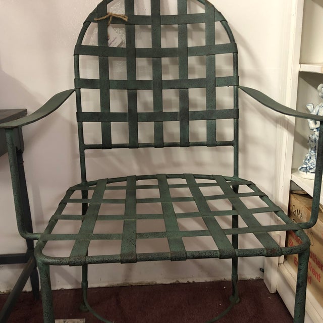 Mid 20th Century Vintage Outdoor Crosshatch Metal Armchair With Verdigris Patina For Sale - Image 5 of 7