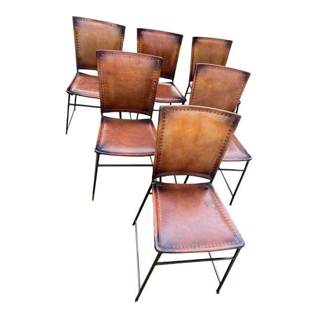 2000s Arhaus Leather Colfax Wrought Iron Dining Side Chairs Counter Stools Set of 6 Chairish