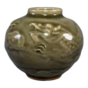 Vintage Chinese Longquan Celadon Glazed Jar With Raised Dragon Relief Decoration