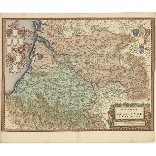 The antique map titled "Gouvernement de La Guienne & Gascogne" depicts the region of Gascogne and Guyenne, known for their...