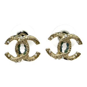 Chanel Gold Folded CC Mint Dot Seed Pearl Crystal Small Piercing Earrings, A Pair