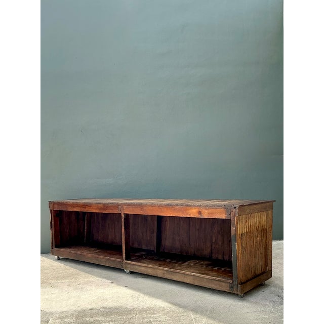 Vintage Wood Industrial Long Counter For Sale - Image 11 of 13