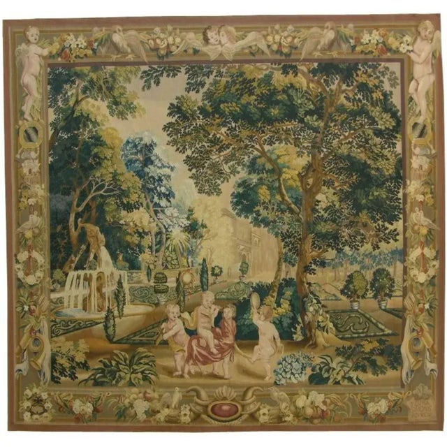 Late 20th Century Vintage European Formal Garden and Figures Scenic Tapestry For Sale - Image 5 of 5