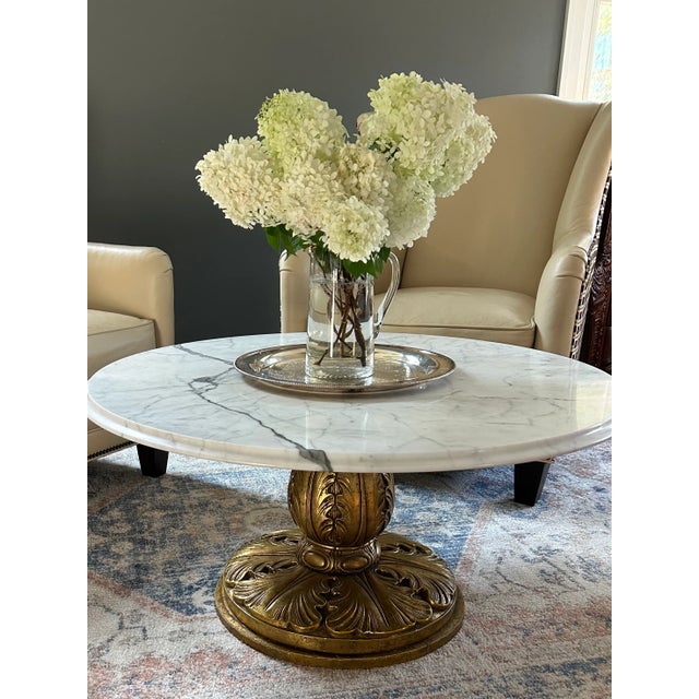 1960s Conmar Italian Hollywood Regency Coffee Table With Carrara Marble Top | Hand-Carved Giltwood Acanthus Pedestal | Made in Italy For Sale - Image 10 of 15