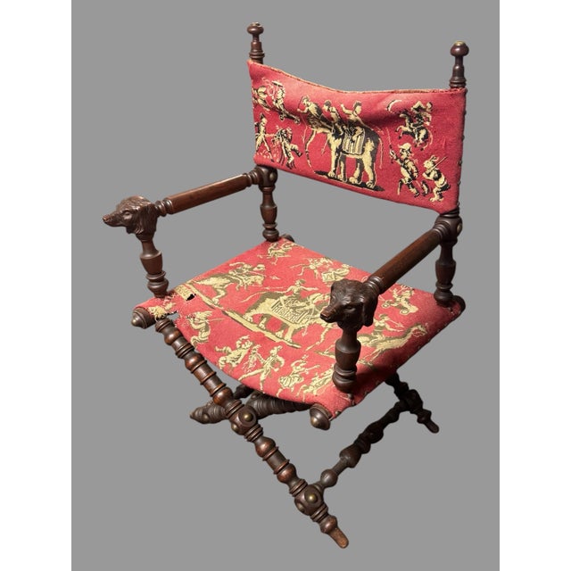 Antique Victorian Hunzinger Style Folding Chair Dog Heads Circus Needlepoint For Sale - Image 9 of 12