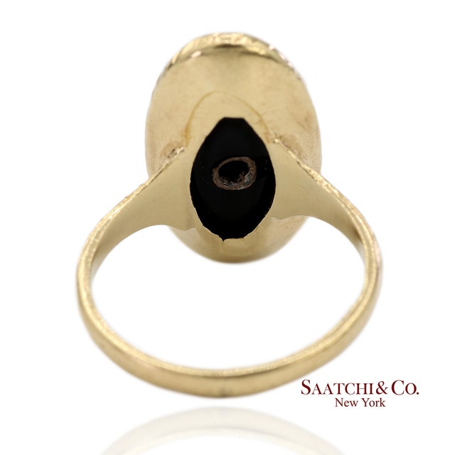 14k Solid Yellow Gold Oval Black Onyx and Diamond Ring, Size 4.5 For Sale In New York - Image 6 of 12