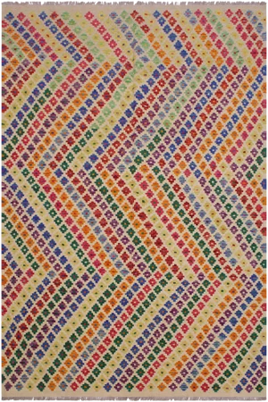 Contemporary Kilim Ivory/Blue Hand-Woven Wool Rug - 6'1 X 8'3