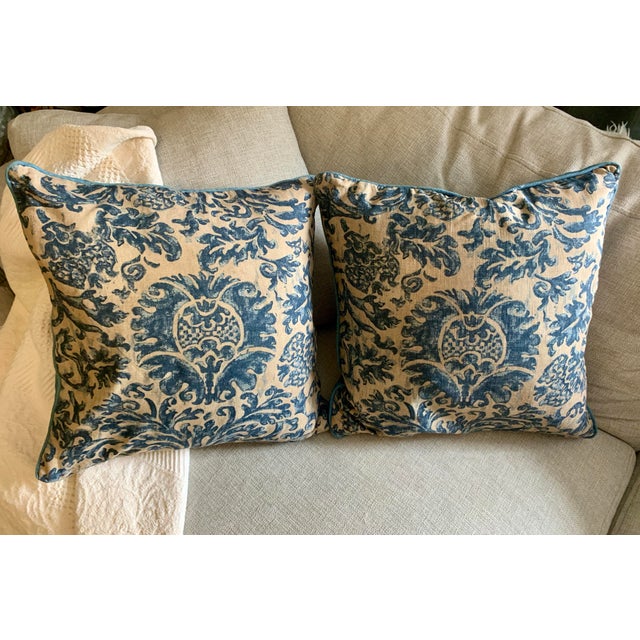Vintage Lauren Ralph Lauren Decorative Pillow Landing Damask Blue Scroll Design 18” X 18” For Sale - Image 11 of 12