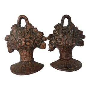 1930s Antique Cast Iron Floral Basket Bookends/Doorstops Set