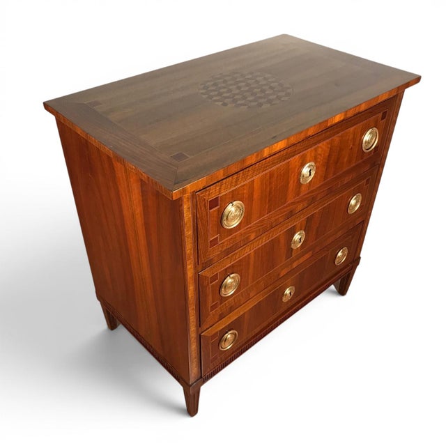 Small Louis XVI Chest of Drawers in Walnut with Cube Marquetry, Circa 1780 An elegant and finely proportioned Louis XVI...