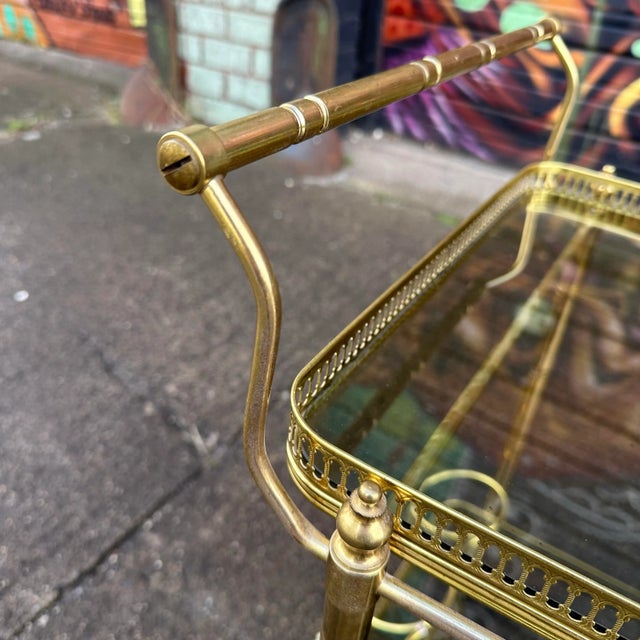 Hollywood Regency Maison Jansen Style Two Tiered Brass Bar Cart Hollywood Regency For Sale - Image 3 of 12