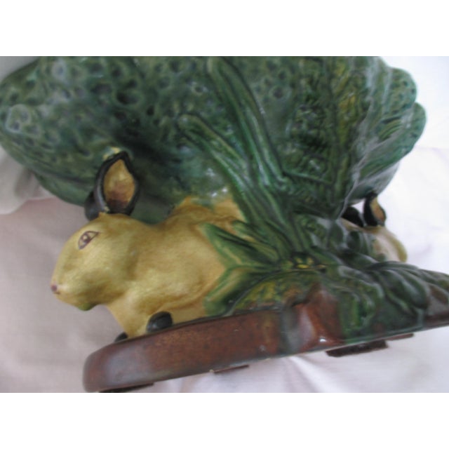 Green Vintage Majolica Rabbits Under Cabbage Pedestal Centerpiece Bowl For Sale - Image 8 of 12