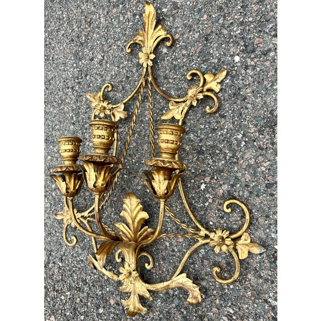 Italian Florentine Gilt Tole Three Candle Sconce For Sale - Image 4 of 11