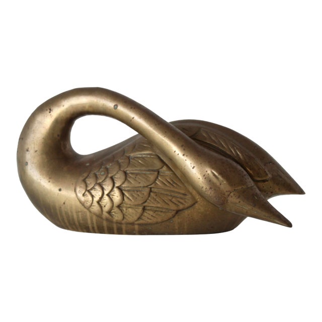 1970s Stylized Brass Swan Sculpture Patina Mid Century Hollywood Regency For Sale