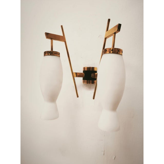 Brass Wall Lamp with Double Opal Glass Light, 1960s For Sale - Image 10 of 14