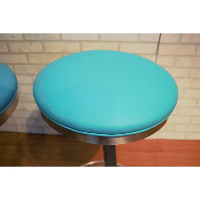 Modern Brushed Stainless Steel Base With Teal Top Bar Stools - Pair For Sale - Image 10 of 12