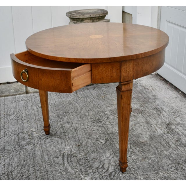 1960s Vintage Baker - Millings Road Round Inlaid Burl & Fruitwood Mid Century Table For Sale - Image 5 of 12