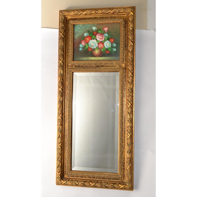 Early 20th Century Gilded Trumeau Beveled Mirror With Floral Oil Painting For Sale - Image 4 of 15