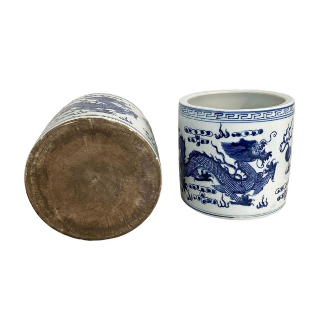 1980s Chinoiserie Blue & White Porcelain Brush Holder/Cachepots/Vases Set of Two For Sale - Image 5 of 6