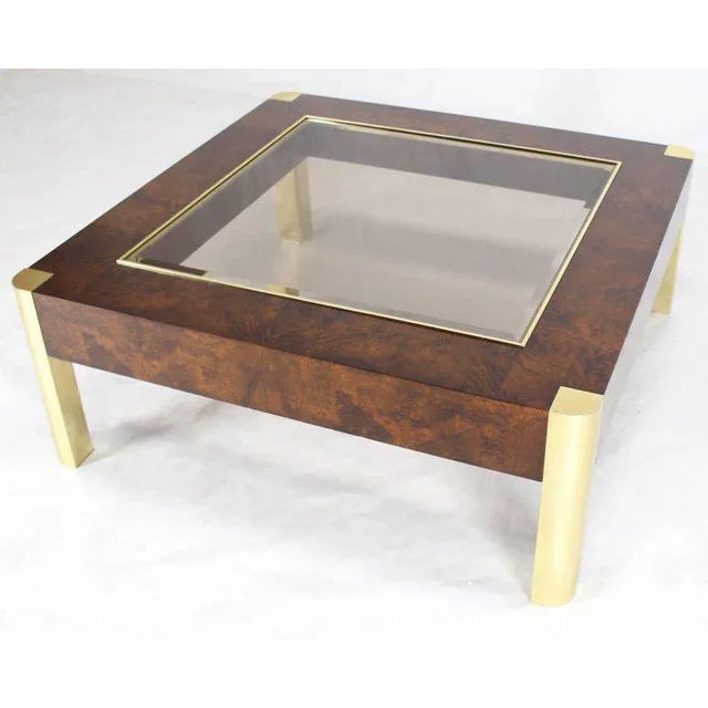 Mid-Century Modern massive burl wood frame glass top square coffee table. Gorgeous burl wood grain pattern. Nice design...