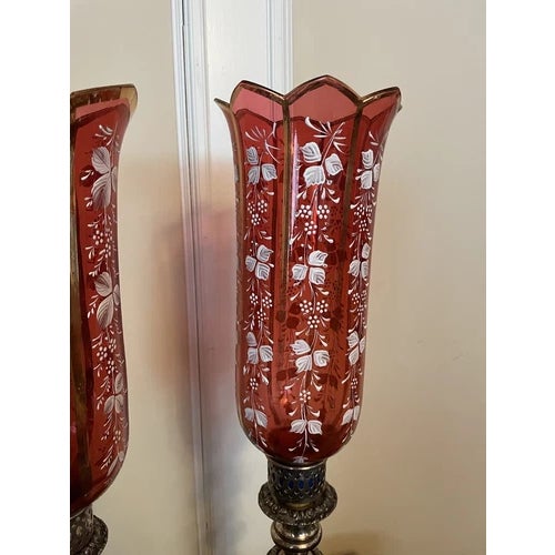 Pair of Antique Silver Plate Candle Holders With Red Glass Mary Gregory Hurricanes For Sale - Image 9 of 12
