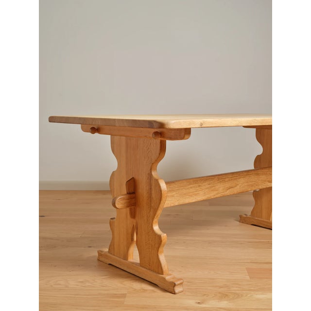 Henning Kjaernulf-Style Oak Trestle Dining Table Scandinavian, c. 1970's. Dimension: H 28.75" x W 70.75" x D 37.75"
