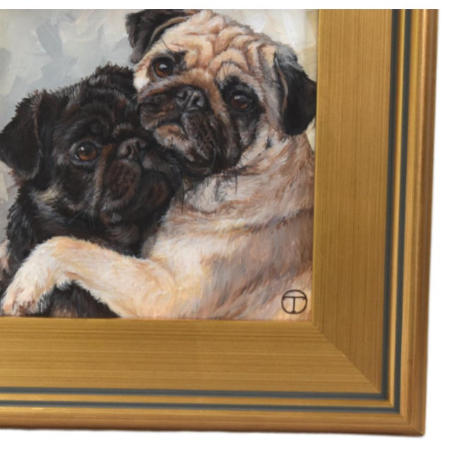 Two Pug Dogs hugging portrait study, acrylic painting on artist panel. Included are the antiqued gold wood frame and...