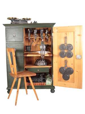 Folk Kitchen Pantry Cabinet and Chair, Bohemia, 1890s, Set of 18