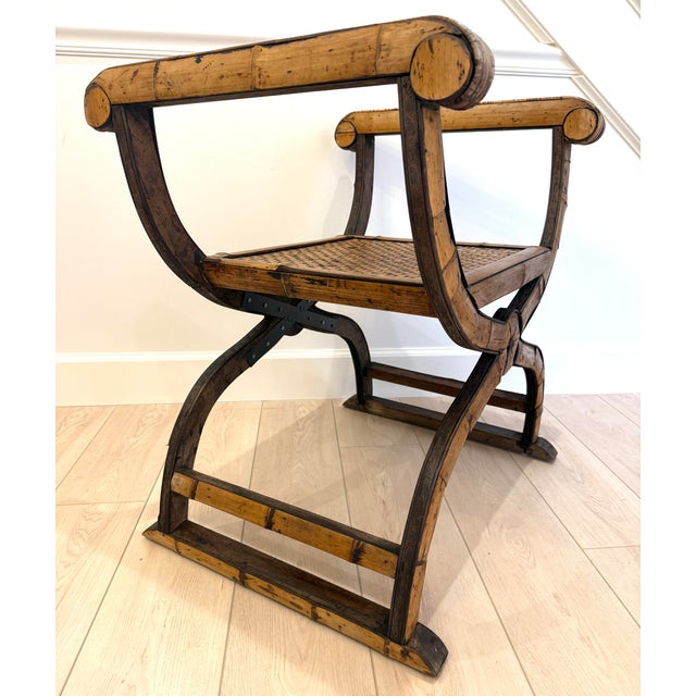 Mid 20th Century Vintage Bamboo Rattan Savonarola Style Bench For Sale - Image 5 of 12