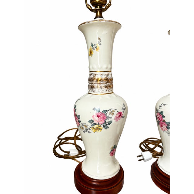 Ivory Vintage Ivory Floral Ceramic Table Lamps With Gold Accents — A Pair For Sale - Image 8 of 8