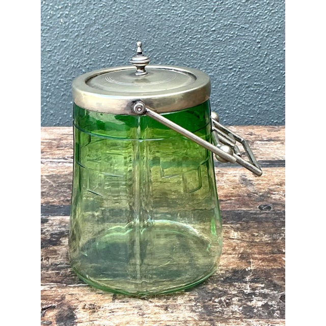 Vintage Green Glass and Metal Ice Bucket For Sale - Image 11 of 12