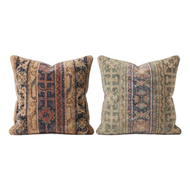 Green Tribal Rug Pillow Cover 24'' X 24'' - Set of Two For Sale