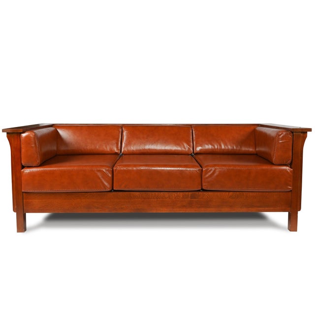 Brown Mission / Craftsman Cubic Slat Side Sofa - Russet Brown Leather (Rb2) For Sale - Image 8 of 9