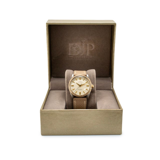 Metal Ladies Vintage Rolex Oyster Perpetual 34mm 6567 Diamond Bezel Steel Gold Watch For Sale - Image 7 of 8